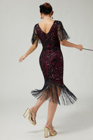 Load image into Gallery viewer, Sparkly Black Burgundy Sequins V-Neck Flapper Dress with Fringes