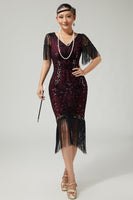 Load image into Gallery viewer, Sparkly Black Burgundy Sequins V-Neck Flapper Dress with Fringes