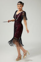 Load image into Gallery viewer, Sparkly Black Burgundy Sequins V-Neck Flapper Dress with Fringes