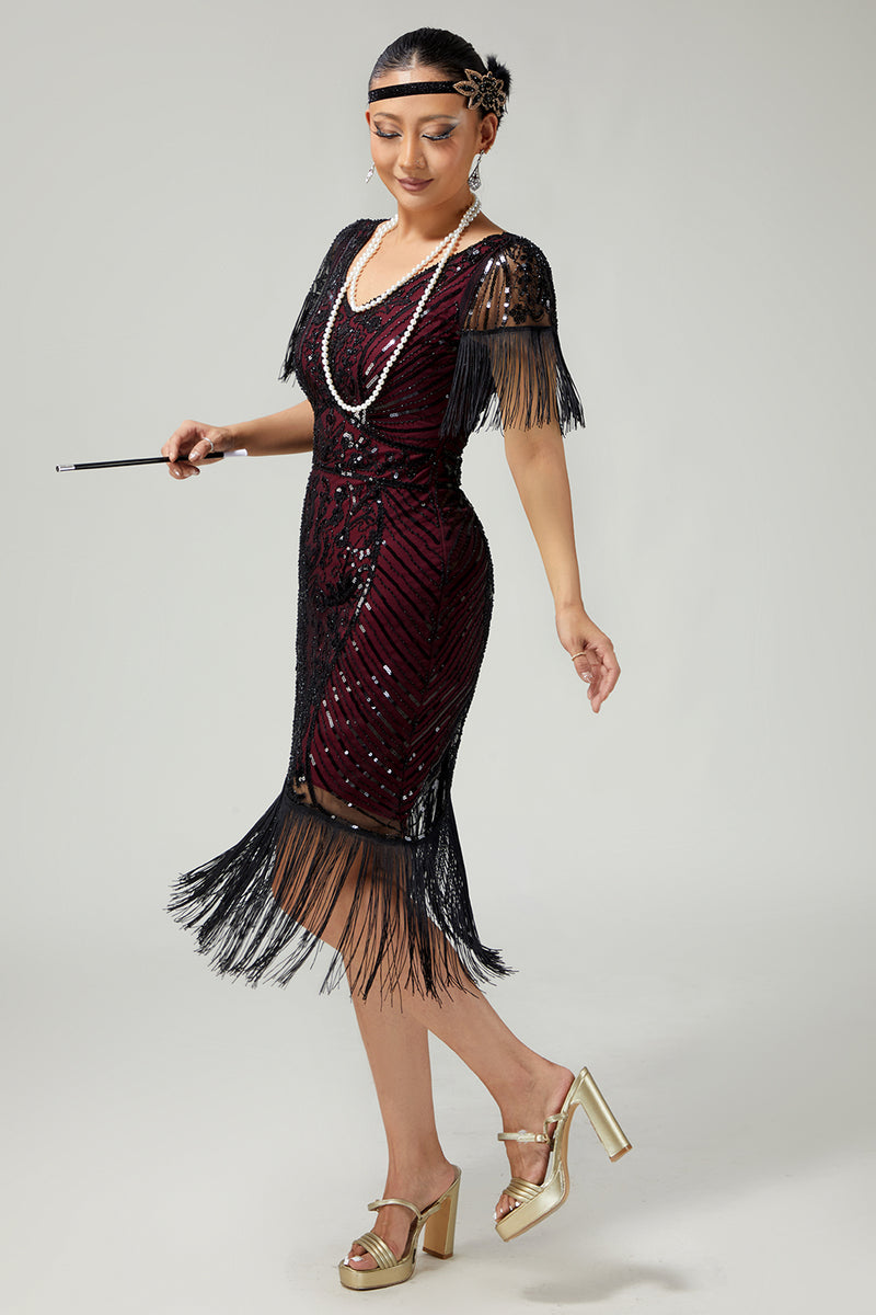 Load image into Gallery viewer, Sparkly Black Burgundy Sequins V-Neck Flapper Dress with Fringes