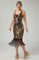 Load image into Gallery viewer, Sparkly Black Golden V-Neck Sequins Fringed 1920s Flapper Dress