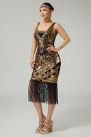Load image into Gallery viewer, Sparkly Black Golden V-Neck Sequins Fringed 1920s Flapper Dress