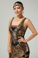 Load image into Gallery viewer, Sparkly Black Golden V-Neck Sequins Fringed 1920s Flapper Dress