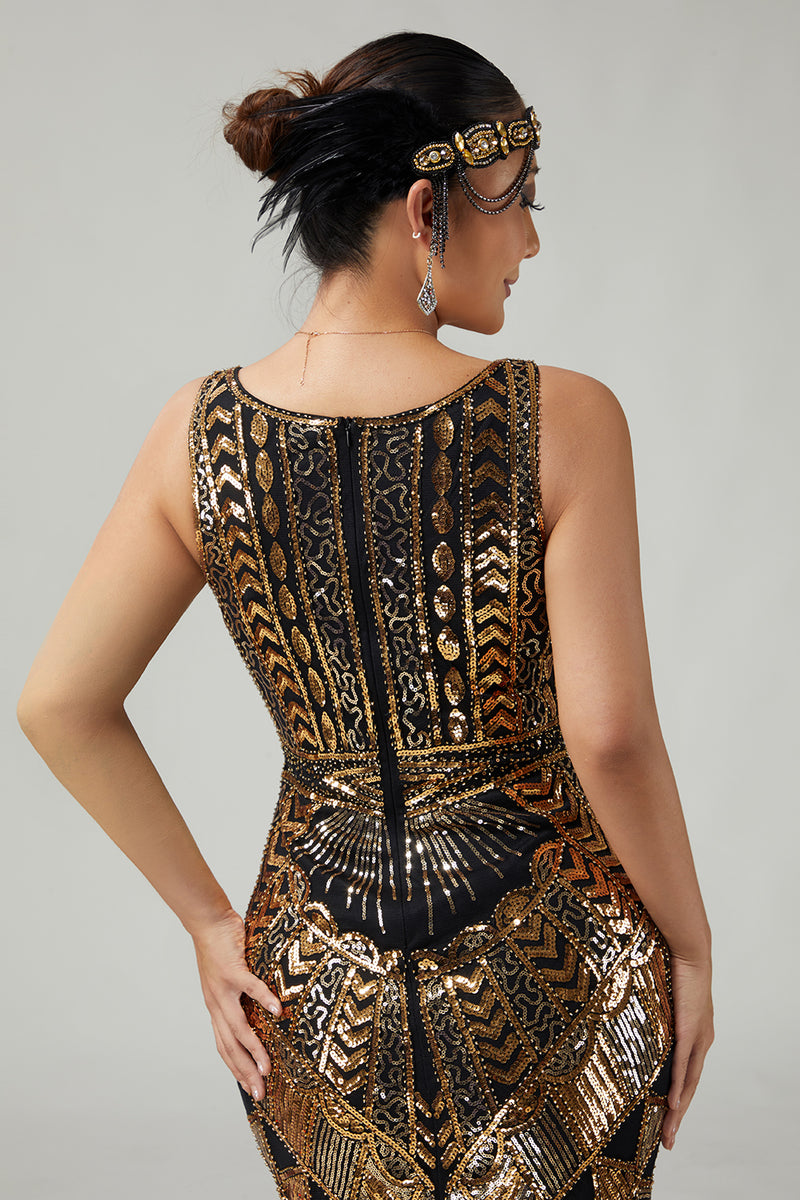 Load image into Gallery viewer, Sparkly Black Golden V-Neck Sequins Fringed 1920s Flapper Dress