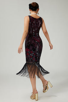 Sparkly Black Burgundy Sequins V-Neck Fringed 1920s Flapper Dress