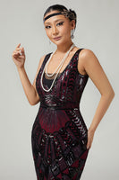 Load image into Gallery viewer, Sparkly Black Golden V-Neck Sequins Fringed 1920s Flapper Dress