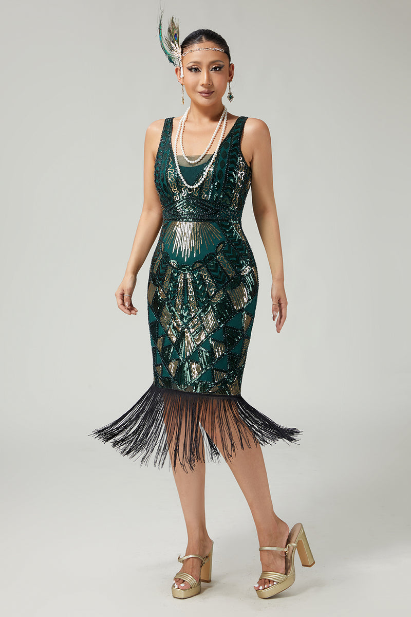 Load image into Gallery viewer, Sparkly Black Golden V-Neck Sequins Fringed 1920s Flapper Dress