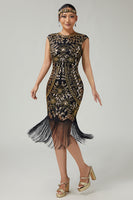 Load image into Gallery viewer, Floral Sparkly Black Golden Sequins Bodycon 1920s Flapper Dress with Fringes