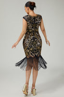 Load image into Gallery viewer, Floral Sparkly Black Golden Sequins Bodycon 1920s Flapper Dress with Fringes