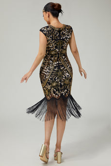 Floral Sparkly Black Golden Sequins Bodycon 1920s Flapper Dress with Fringes