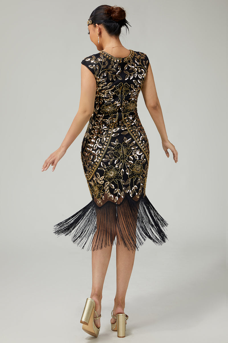 Load image into Gallery viewer, Floral Sparkly Black Golden Sequins Bodycon 1920s Flapper Dress with Fringes
