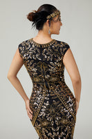Load image into Gallery viewer, Floral Sparkly Black Golden Sequins Bodycon 1920s Flapper Dress with Fringes