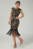Load image into Gallery viewer, Floral Sparkly Black Golden Sequins Bodycon 1920s Flapper Dress with Fringes
