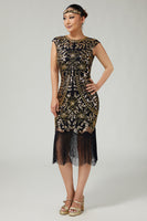 Load image into Gallery viewer, Floral Sparkly Black Golden Sequins Bodycon 1920s Flapper Dress with Fringes