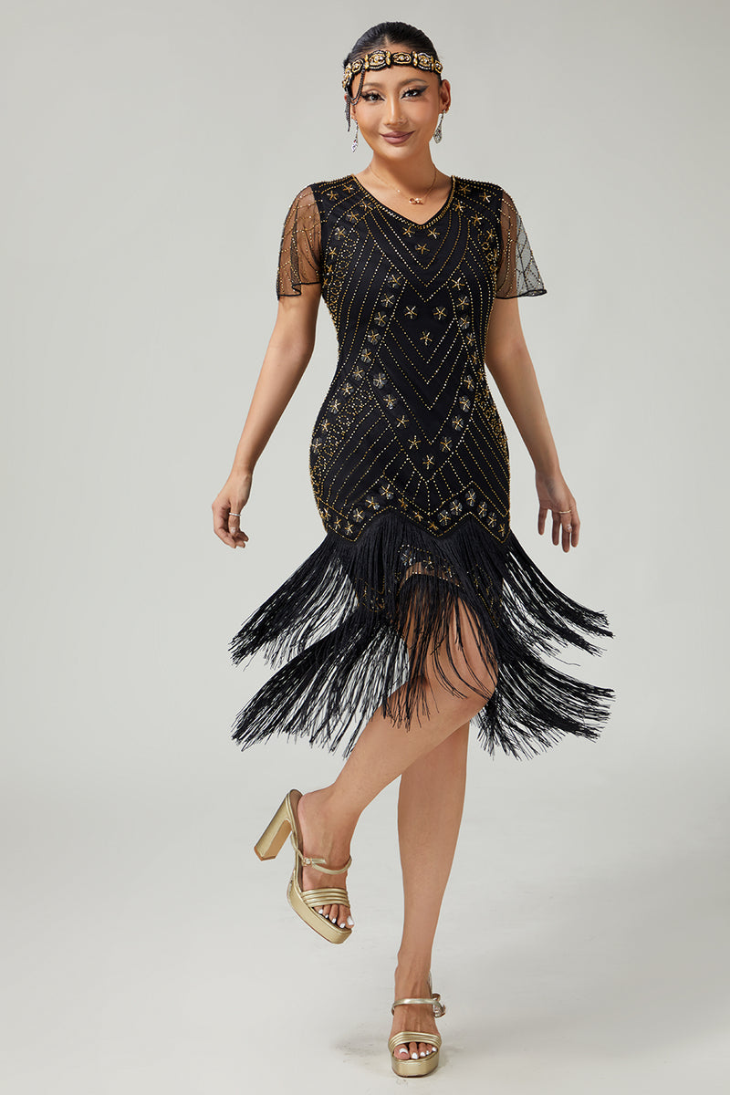 Load image into Gallery viewer, Sparkly Black Golden Fringed Bodycon 1920s Flapper Dress with Beading