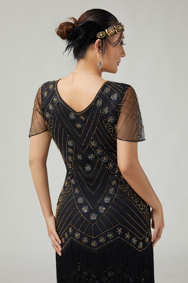 Load image into Gallery viewer, Sparkly Black Golden Fringed Bodycon 1920s Flapper Dress with Beading