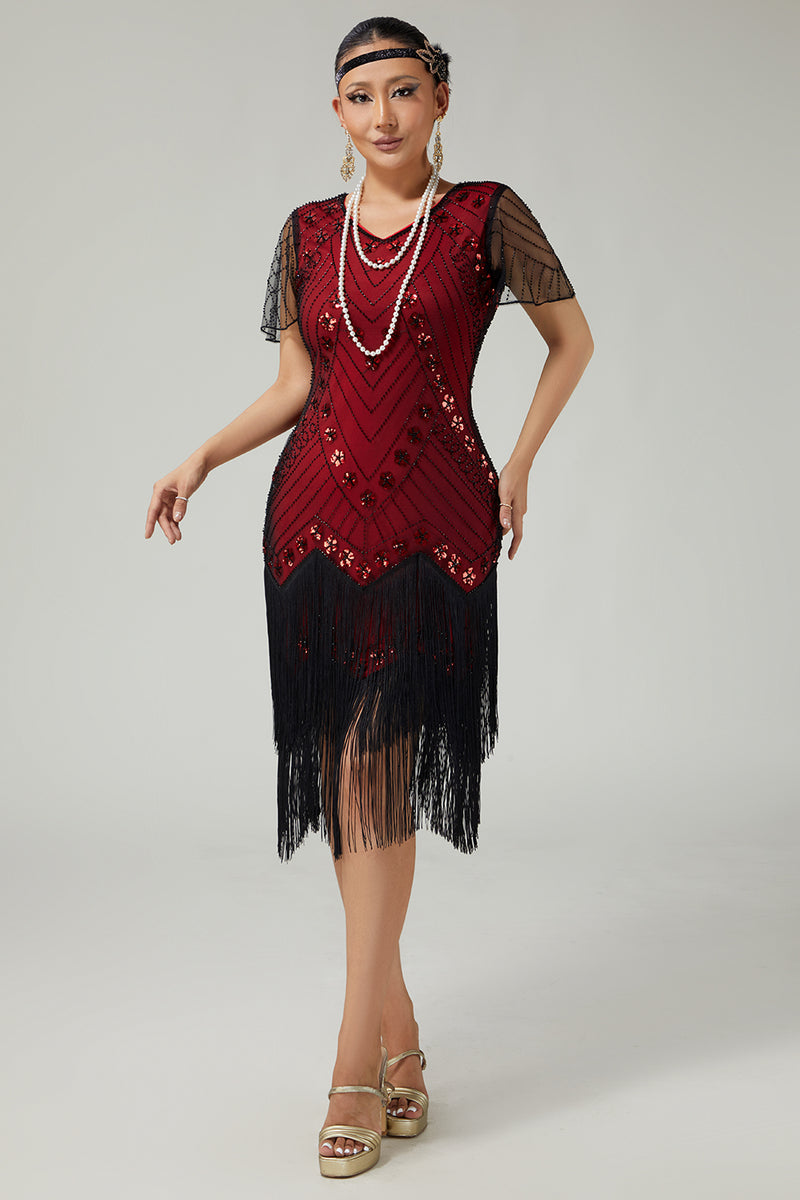 Load image into Gallery viewer, Sparkly Black Golden Fringed Bodycon 1920s Flapper Dress with Beading