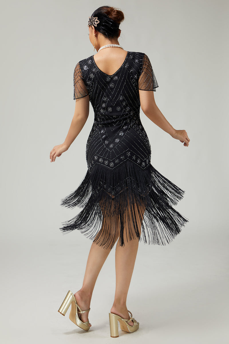Load image into Gallery viewer, Sparkly Black Golden Fringed Bodycon 1920s Flapper Dress with Beading