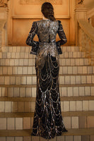 Load image into Gallery viewer, Sparkly Black Golden Mermaid Sequins Long Sleeves Mother of the Bride Dress