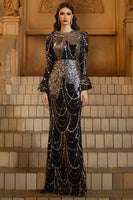 Load image into Gallery viewer, Sparkly Black Golden Mermaid Sequins Long Sleeves Mother of the Bride Dress