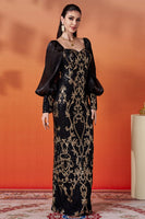Load image into Gallery viewer, Sparkly Black Golden Puff Sleeves Sheath Long Mother of the Bride Dress with Sequins
