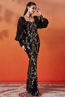 Load image into Gallery viewer, Sparkly Black Golden Puff Sleeves Sheath Long Mother of the Bride Dress with Sequins