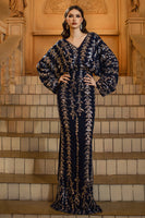 Load image into Gallery viewer, Sparkly Navy V-Neck Sequins Sheath Long Sleeves Mother of the Bride Dress