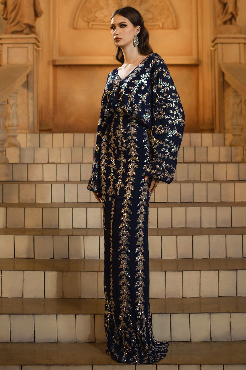 Glitter Long Sleeve Navy Sequin Ruched Mother of the Bride Dress