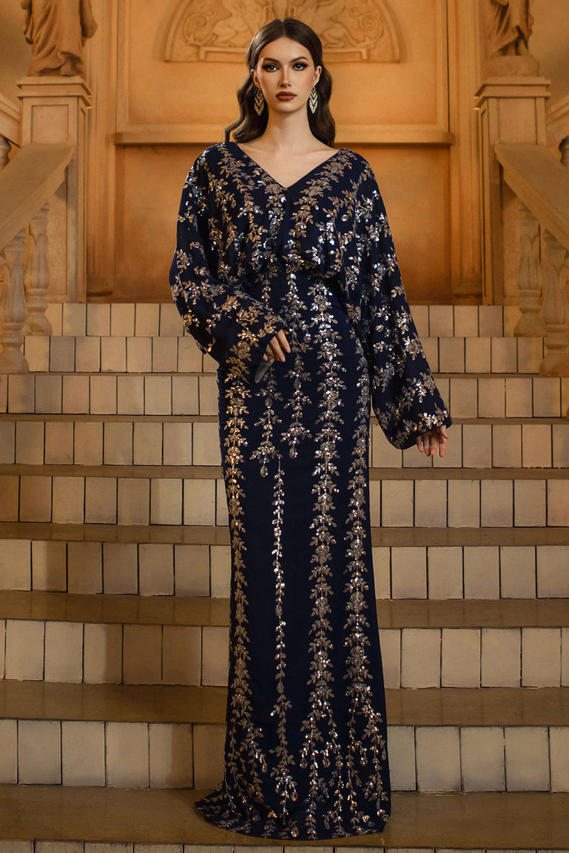 Load image into Gallery viewer, Sparkly Navy V-Neck Sequins Sheath Long Sleeves Mother of the Bride Dress