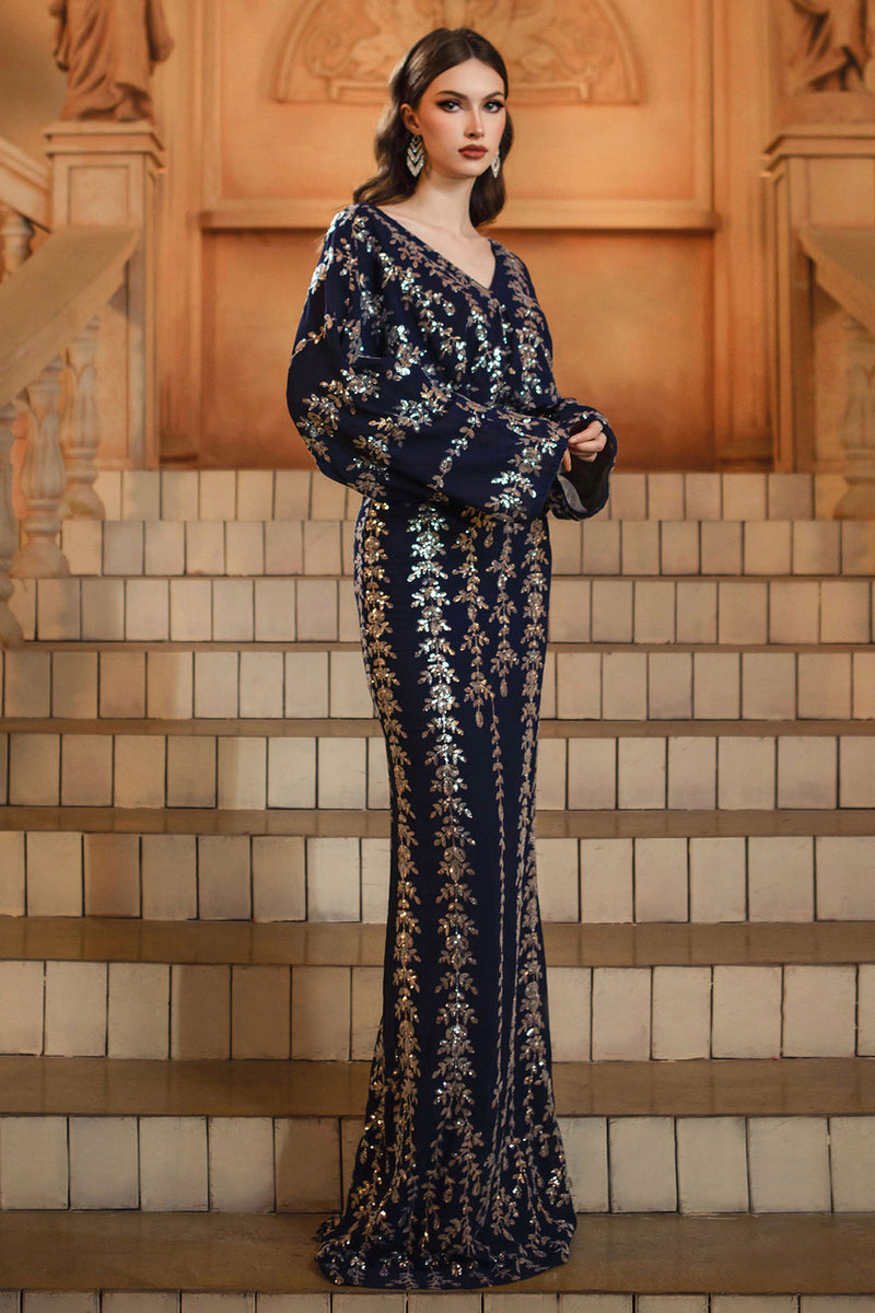 Load image into Gallery viewer, Sparkly Navy V-Neck Sequins Sheath Long Sleeves Mother of the Bride Dress