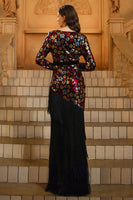 Load image into Gallery viewer, Floral Sparkly Black V-Neck Sheath Long Sleeves Mother of the Bride Dress with Fringes