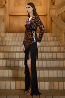 Load image into Gallery viewer, Floral Sparkly Black V-Neck Sheath Long Sleeves Mother of the Bride Dress with Fringes