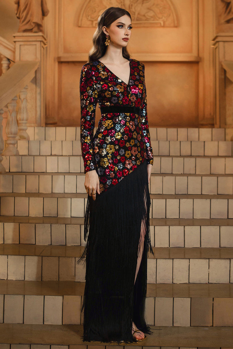 Load image into Gallery viewer, Floral Sparkly Black V-Neck Sheath Long Sleeves Mother of the Bride Dress with Fringes