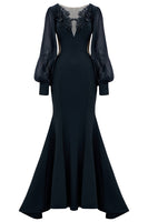 Load image into Gallery viewer, Black Illusion Boat Neck Mermaid Long Sleeves Mother of the Bride Dress with Appliques