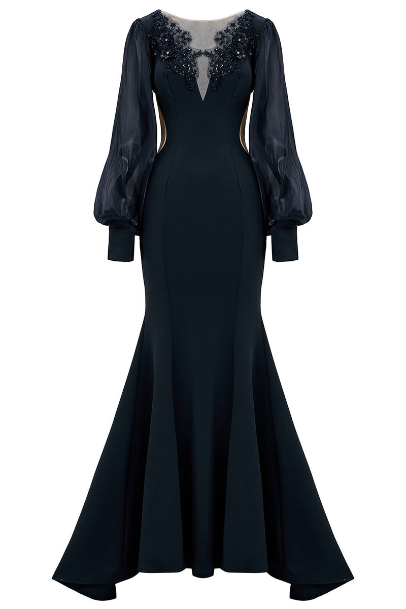 Load image into Gallery viewer, Black Illusion Boat Neck Mermaid Long Sleeves Mother of the Bride Dress with Appliques