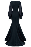Load image into Gallery viewer, Black Illusion Boat Neck Mermaid Long Sleeves Mother of the Bride Dress with Appliques