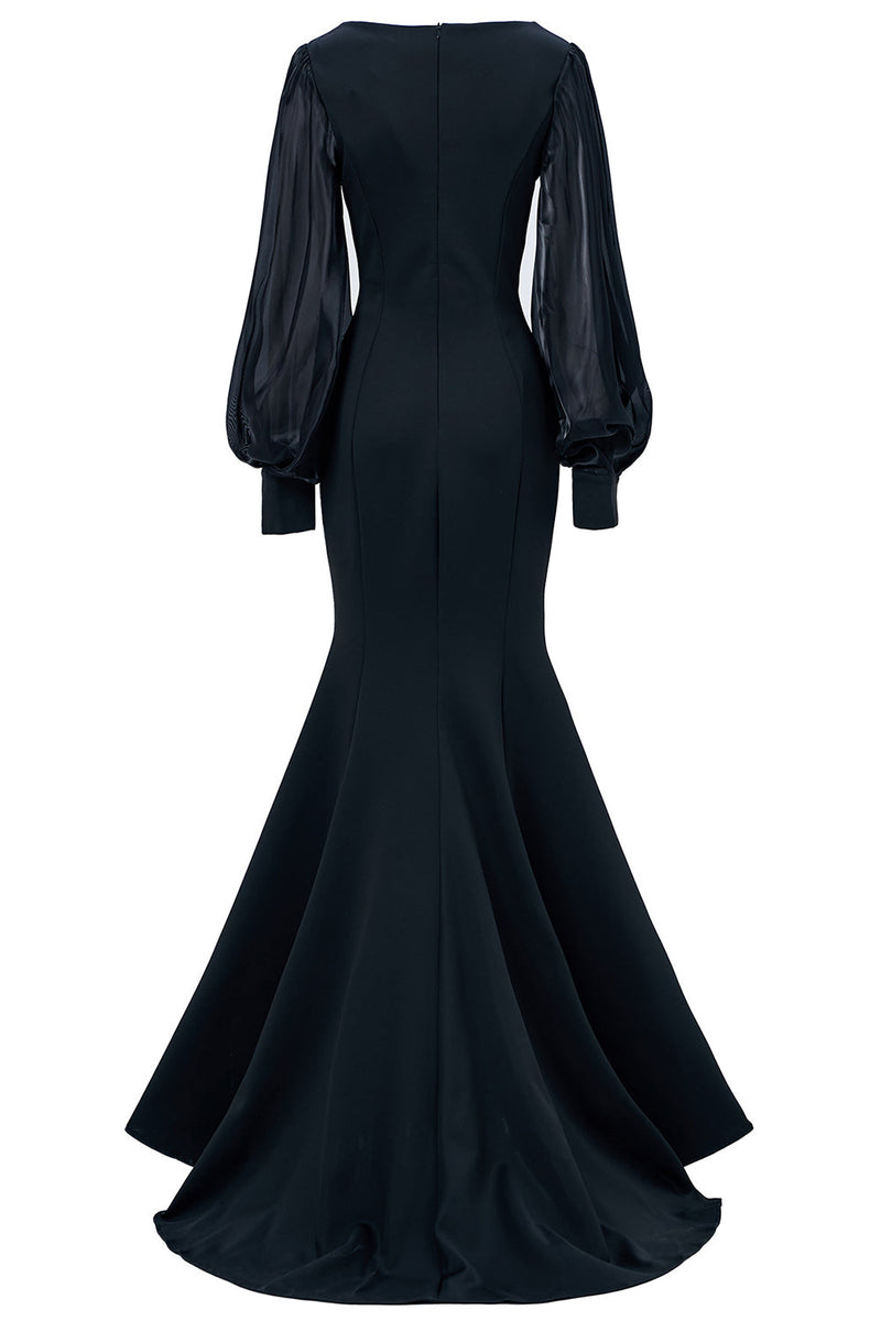 Load image into Gallery viewer, Black Illusion Boat Neck Mermaid Long Sleeves Mother of the Bride Dress with Appliques