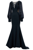 Load image into Gallery viewer, Black Illusion Boat Neck Mermaid Long Sleeves Mother of the Bride Dress with Appliques