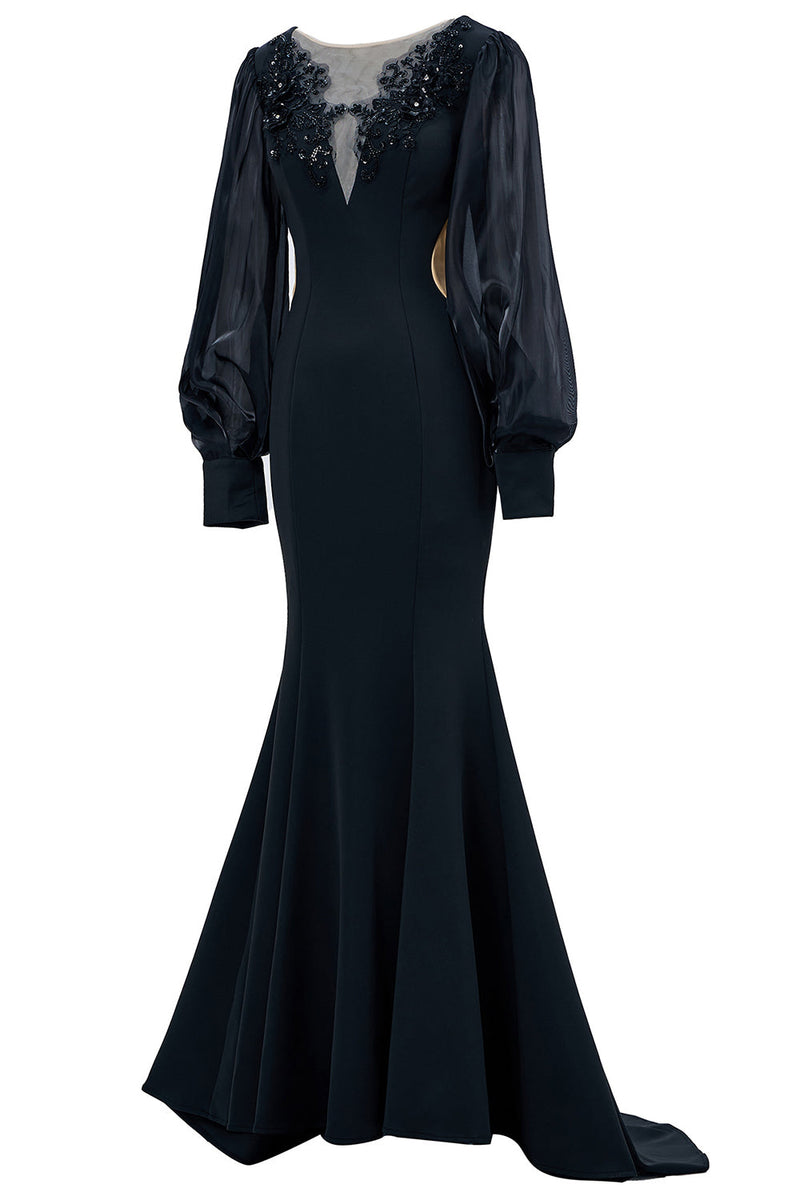 Load image into Gallery viewer, Black Illusion Boat Neck Mermaid Long Sleeves Mother of the Bride Dress with Appliques