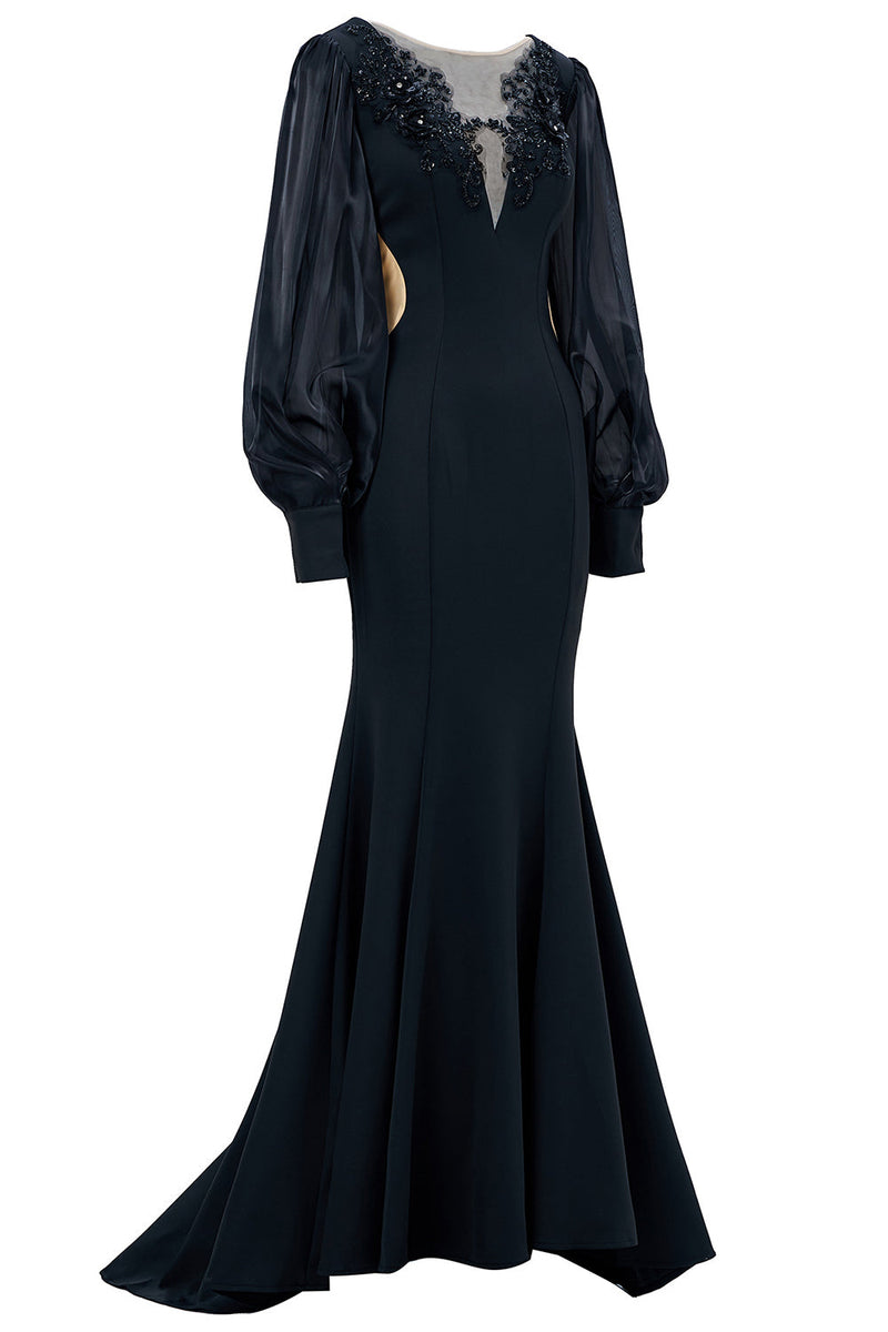 Load image into Gallery viewer, Black Illusion Boat Neck Mermaid Long Sleeves Mother of the Bride Dress with Appliques