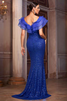 Load image into Gallery viewer, Sparkly Royal Blue Sequins V-Neck Mermaid Long Mother of the Bride Dress with Ruffles