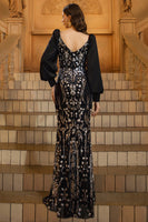 Load image into Gallery viewer, Sparkly Black Golden Sequins Mermaid Long Sleeves Mother of the Bride Dress with Beading