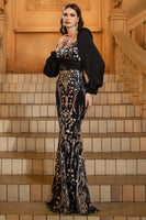 Load image into Gallery viewer, Sparkly Black Golden Sequins Mermaid Long Sleeves Mother of the Bride Dress with Beading