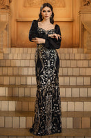 Load image into Gallery viewer, Sparkly Black Golden Sequins Mermaid Long Sleeves Mother of the Bride Dress with Beading