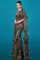 Load image into Gallery viewer, Sparkly Black Golden Boat Neck Mermaid Long Sleeves Mother of the Bride Dress with Cape