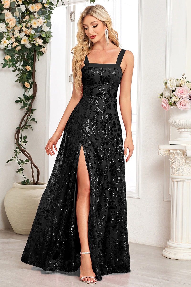 Load image into Gallery viewer, Sparkly Floral Black A Line Sequin Thick Straps Long Prom Dress with Slit