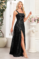 Load image into Gallery viewer, Sparkly Floral Black A Line Sequin Thick Straps Long Prom Dress with Slit