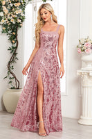 Load image into Gallery viewer, Sparkly Floral Black A Line Sequin Thick Straps Long Prom Dress with Slit