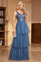 Load image into Gallery viewer, Grey Blue A Line Tulle V-Neck Tiered Long Prom Dress with Ruffles