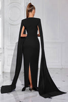 Load image into Gallery viewer, Sparkly Black Sheath Satin Beaded Long Prom Dress with Cape